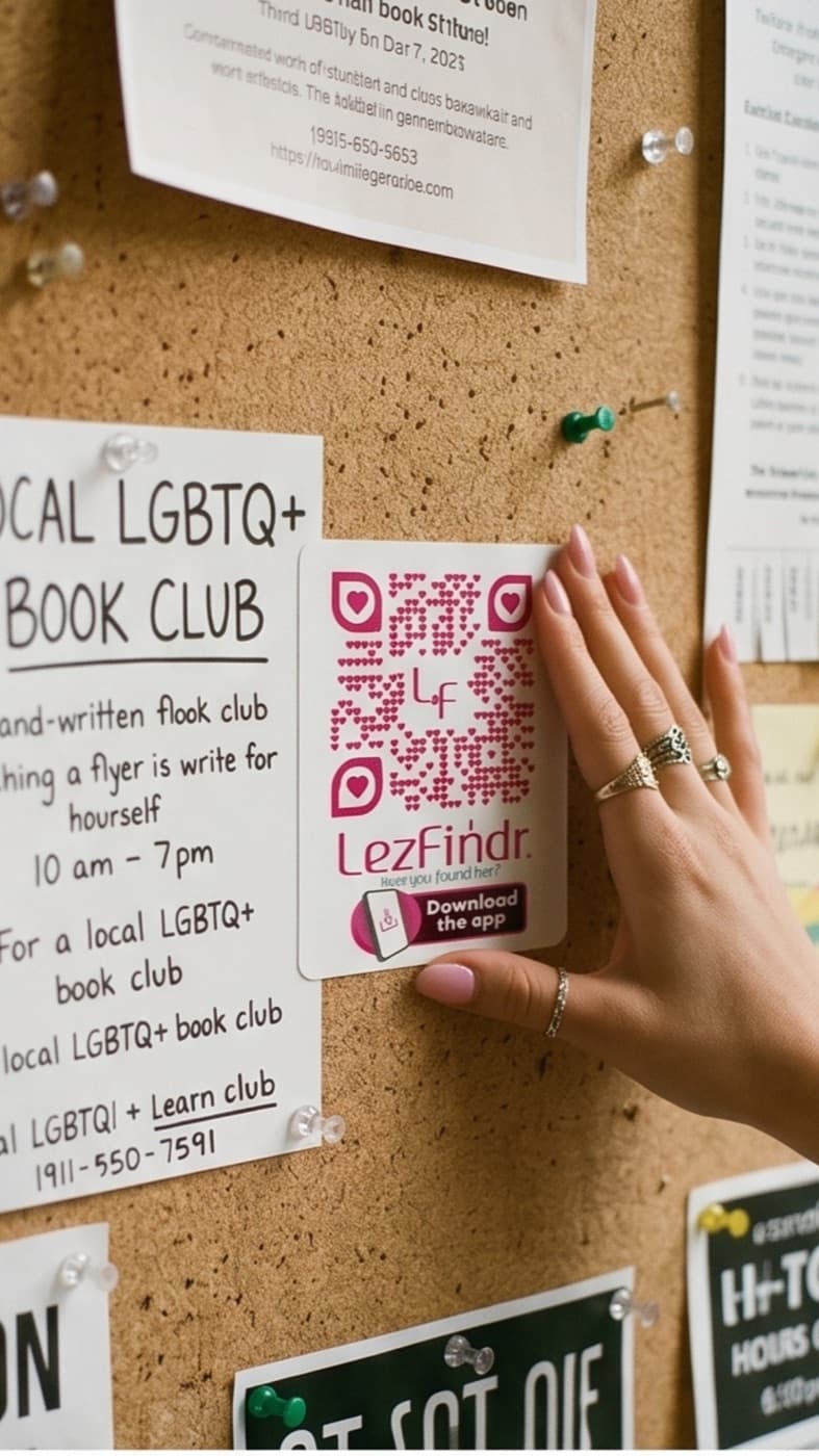 A LezFindr sticker pinned to a community corkboard