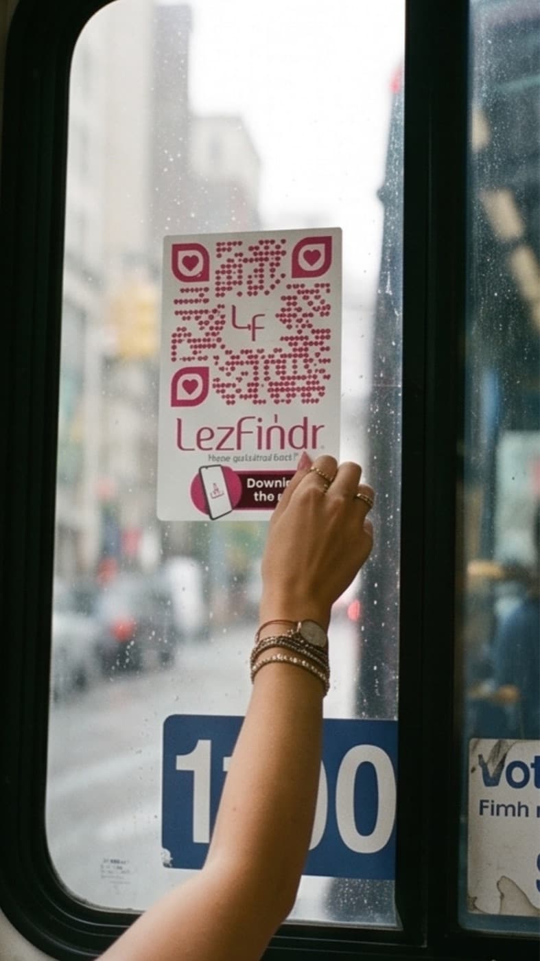 A LezFindr sticker on a bus window